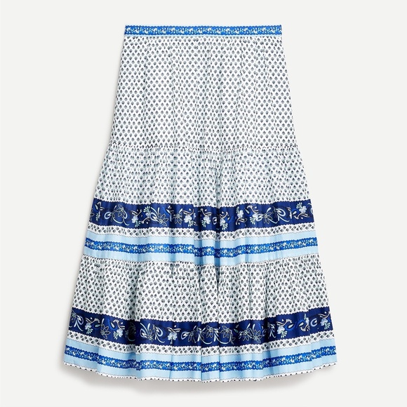 J.CREW Blue & White Block Print Lined Tiered Floral Midi Skirt Size Small - Picture 1 of 8